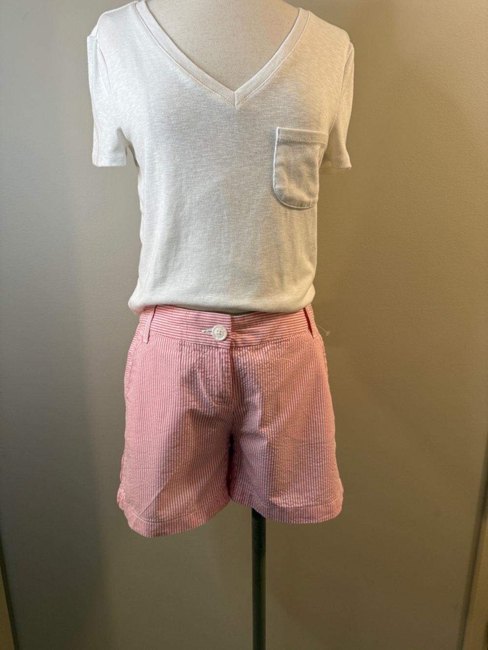 crown & ivy Pink Seersucker Stripe Bermuda Shorts